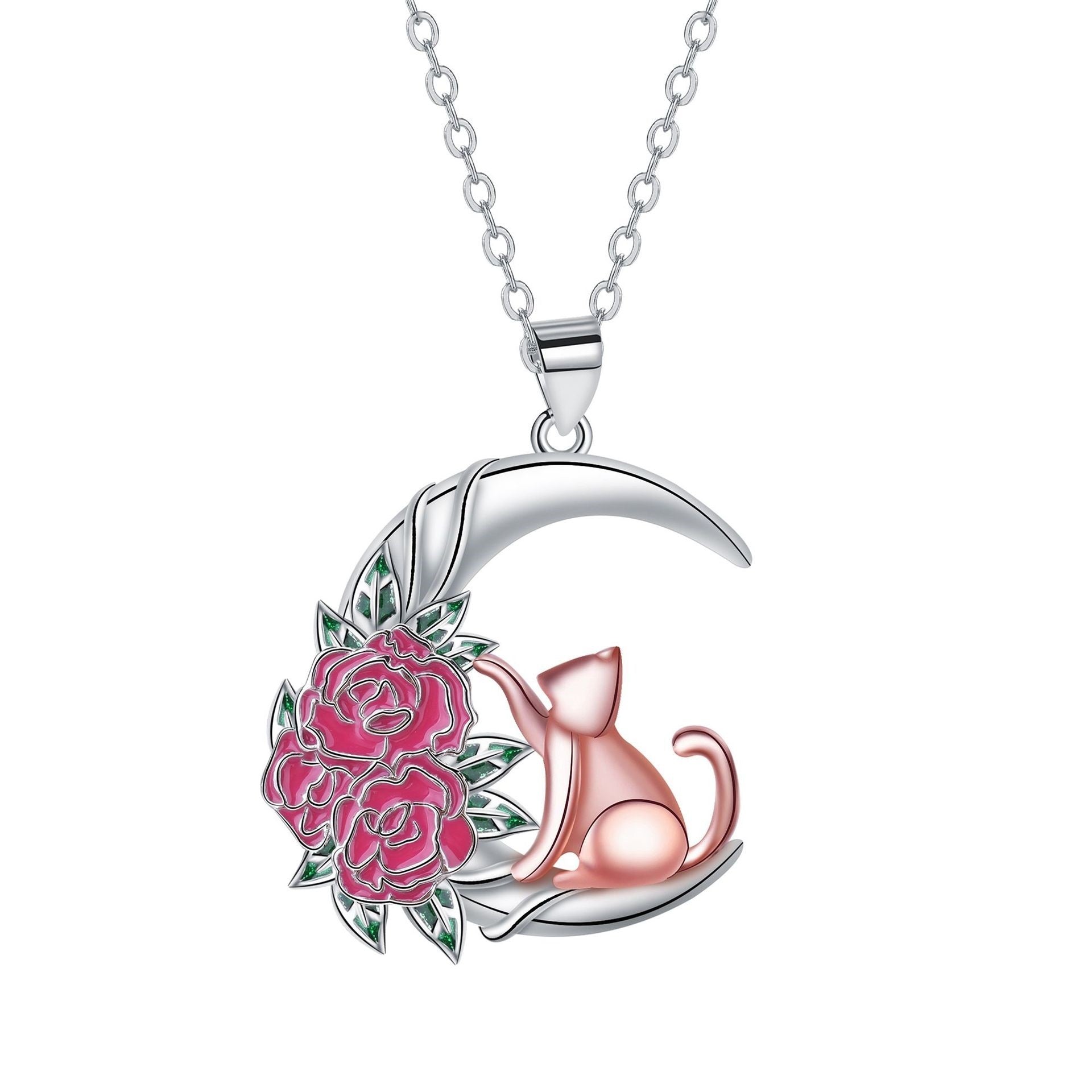 Cute Fashion Moon Cat Rose Pendant Necklace For Women