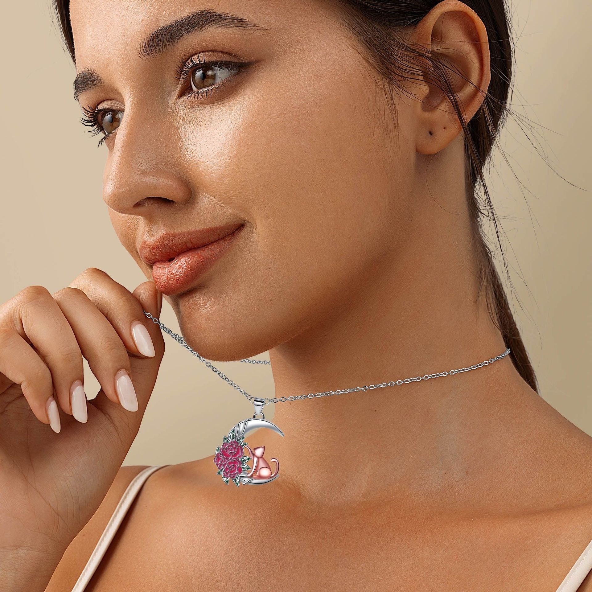 Cute Fashion Moon Cat Rose Pendant Necklace For Women