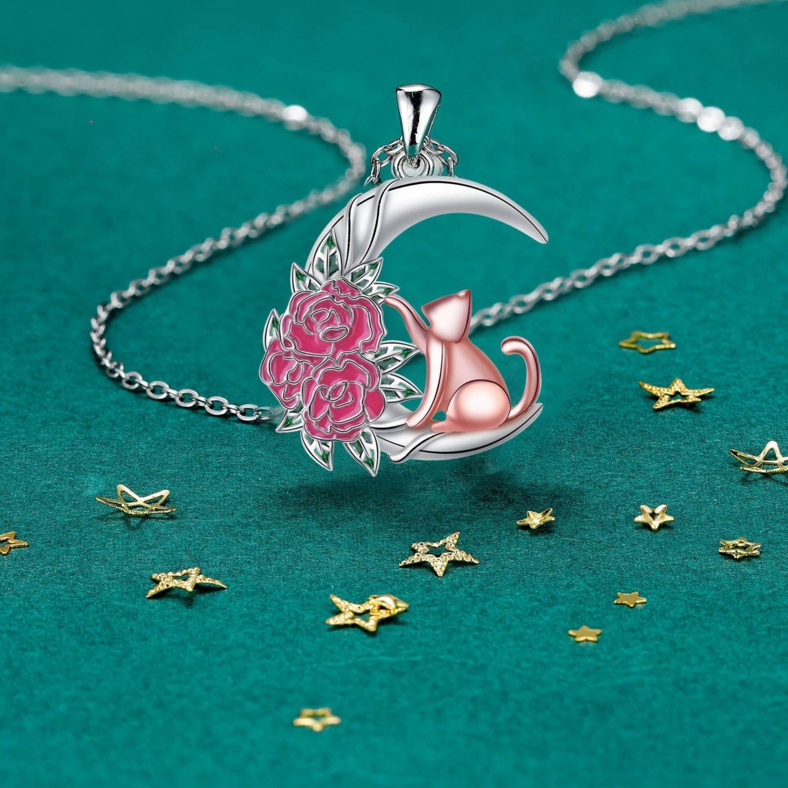 Cute Fashion Moon Cat Rose Pendant Necklace For Women