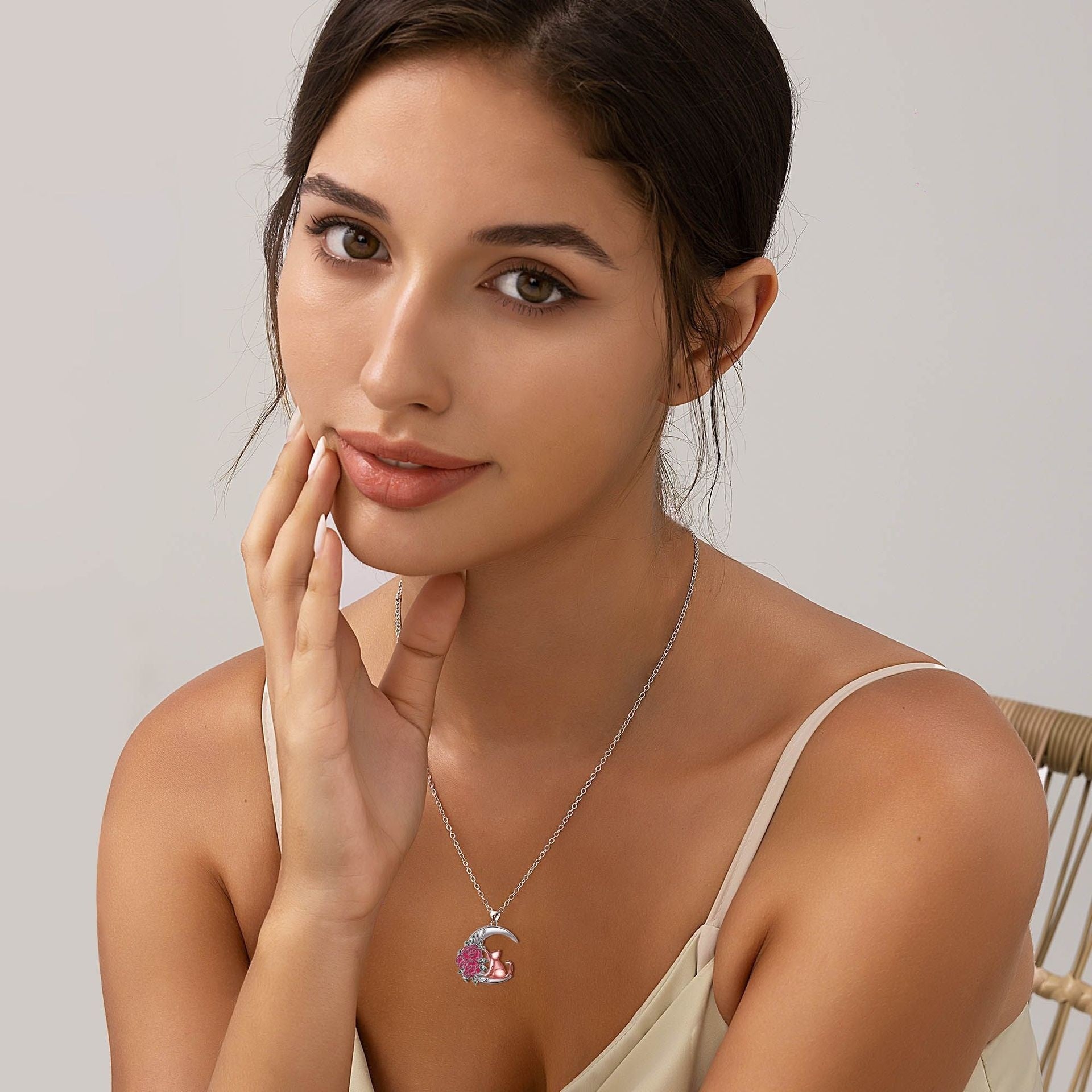 Cute Fashion Moon Cat Rose Pendant Necklace For Women